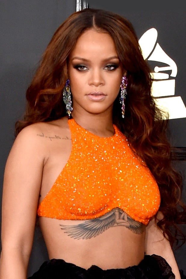 Rihanna Rocks Sparkly Orange Crop Top On Grammy Awards Red Carpet
