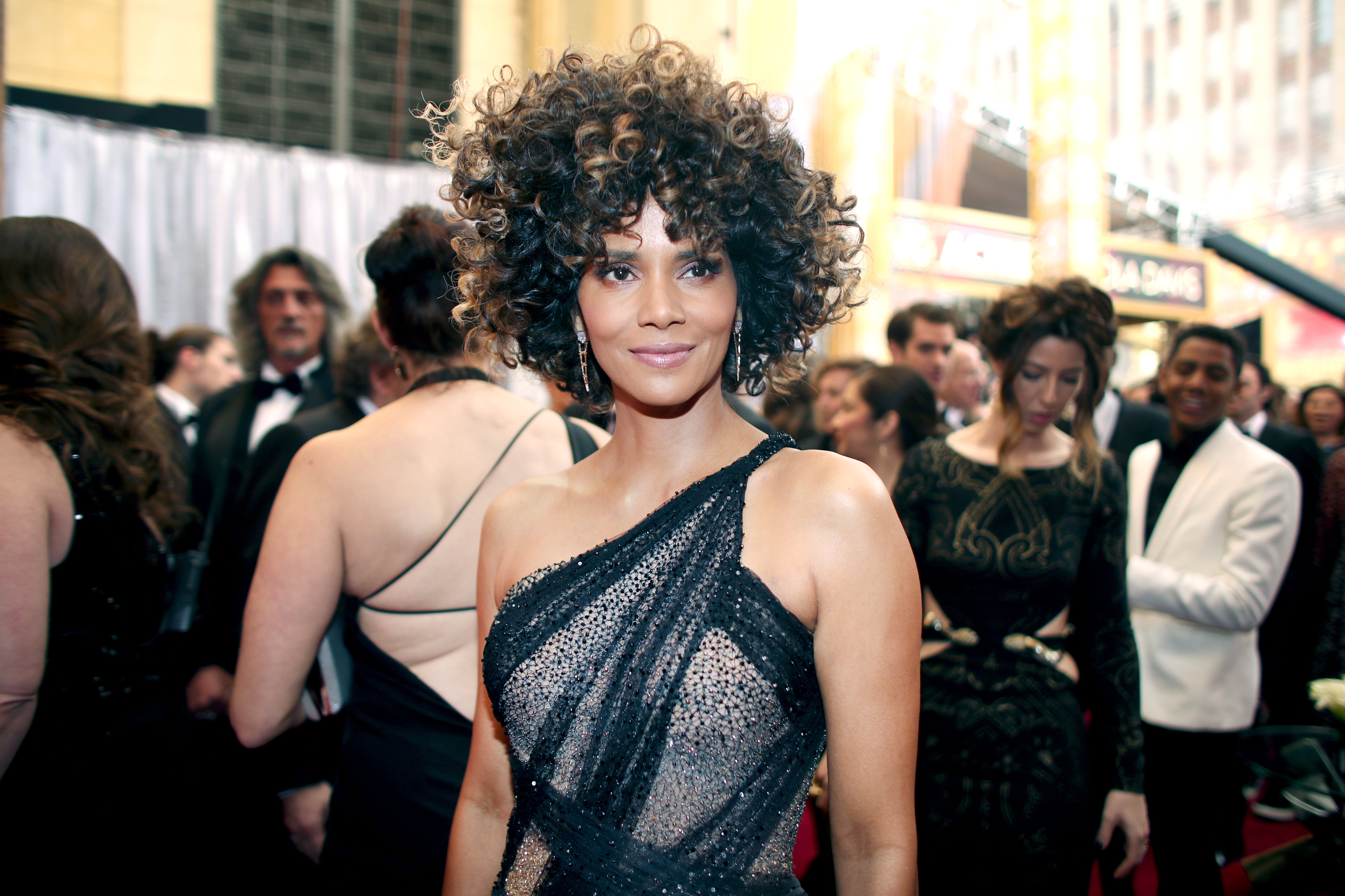 Halle Berry's Curly Afro Was Hard To Miss On The 2017 Oscars Red Carpet