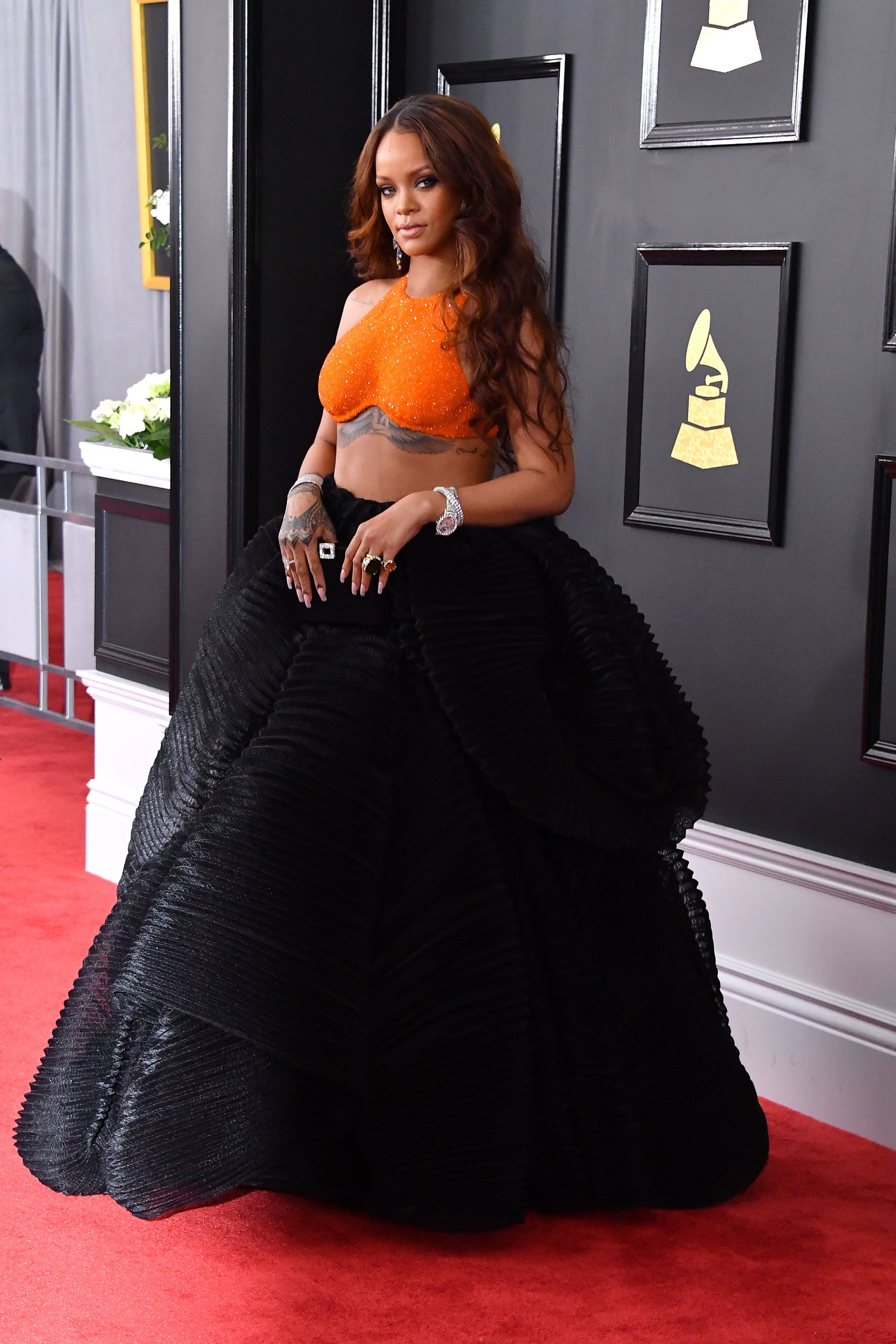 Rihanna Rocks Sparkly Orange Crop Top On Grammy Awards Red Carpet
