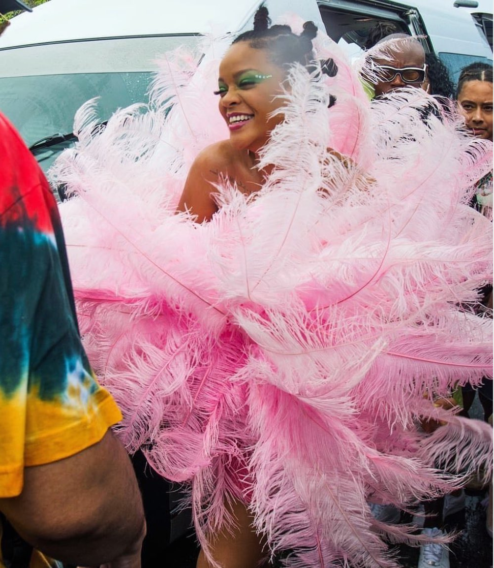 Rihanna Spotted in Massive Pink Feathers At Crop Over in Barbados