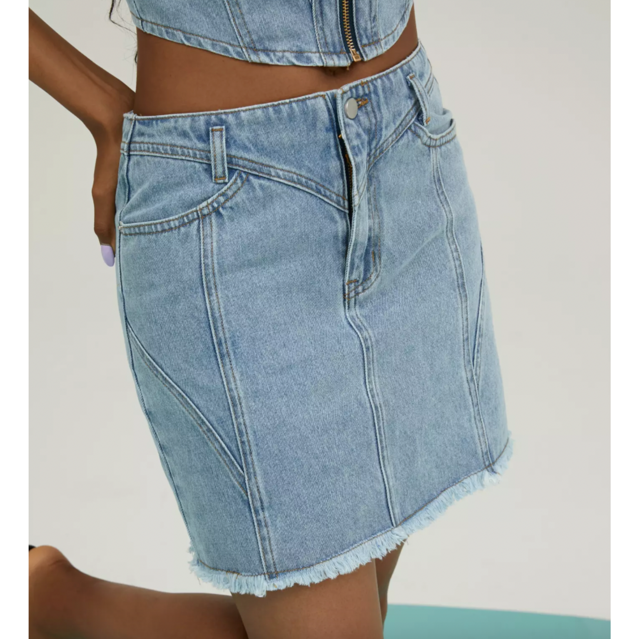 Women Frayed Hem Mini Skirt Mango Inspired Belted Denim Skirt Seven Button Skirt