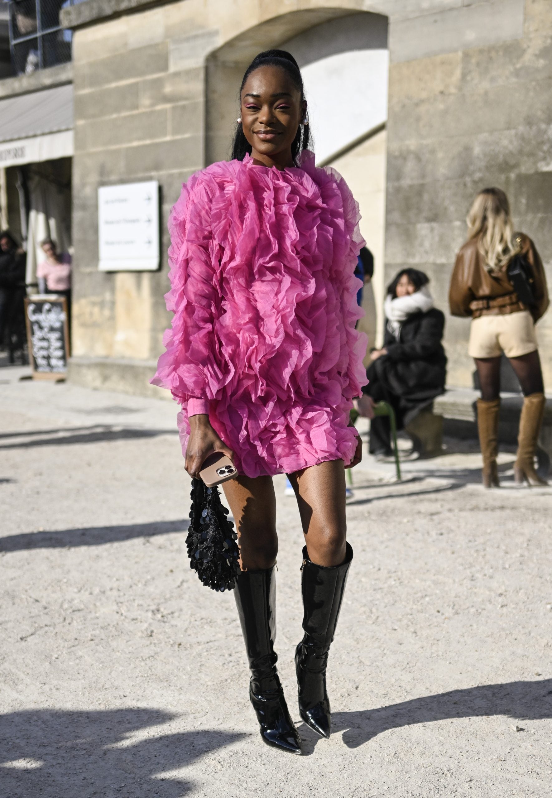 Pink Velvet Pumps + Pink Trench Coat + Louis Vuitton Petite Malle