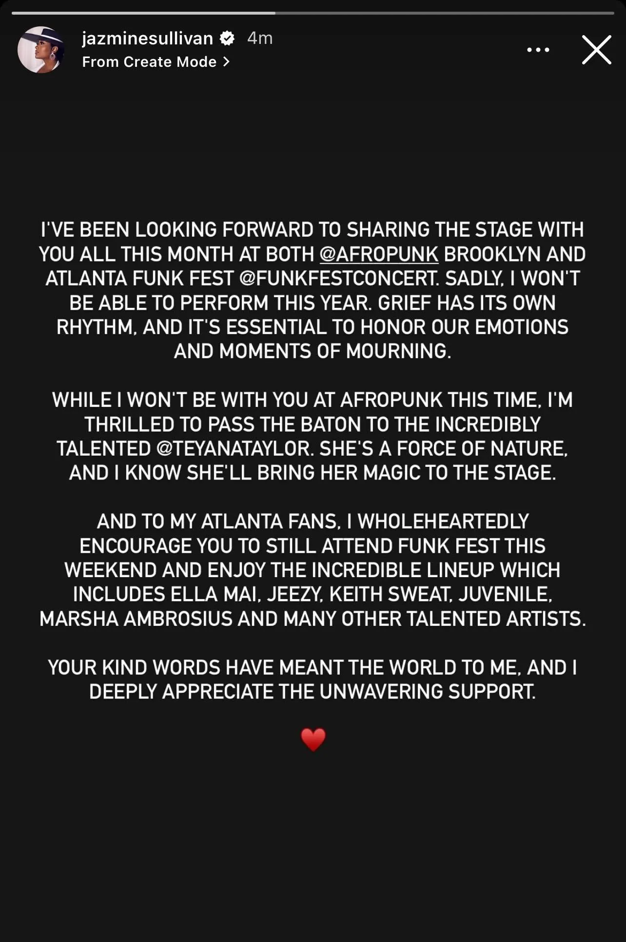 Jazmine Sullivan AFROPUNK Performance Canceled Amidst Grief
